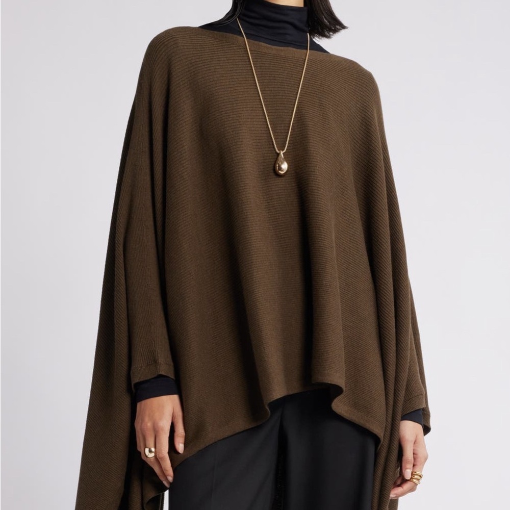 Nordstrom Rib Cotton & Cashmere Poncho Olive